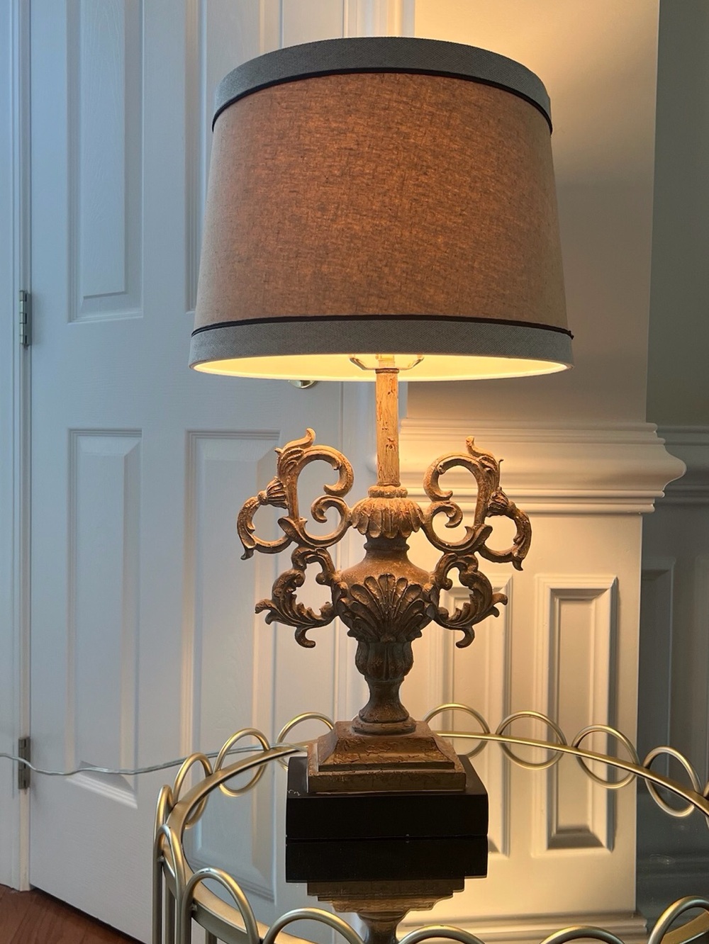 Italian Mid-Century Ornate Gold Table Lamp with Beige Shade